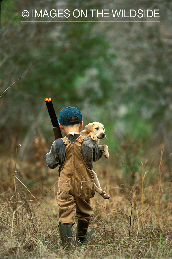 Young hunter with yellow Lab pup.